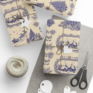 Geschenkpapierrolle Vintage blau Toile Weihnachten - Bild 1 von 13