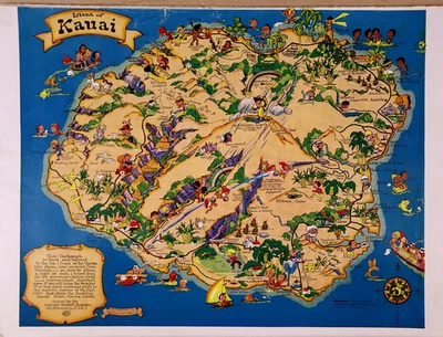 1941 Mapa Pictorial Original Kauai, Havaí por RUTH TAYLOR WHITE / Peixe ao Reverso - Imagem 1 de 3