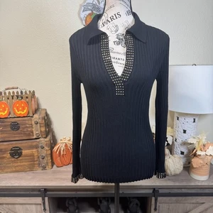 Cache Vintage Y2K Black Studded Ribbed Knit Long Sleeve Collared Top M Stretch - Picture 1 of 8