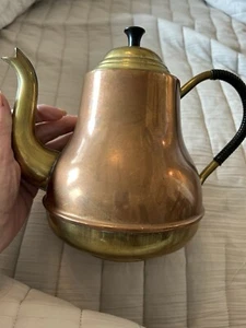Vintage “Holland” Stamped Hand Crafted Brass & Copper Teapot Wicker Wrap Handle - Picture 1 of 12