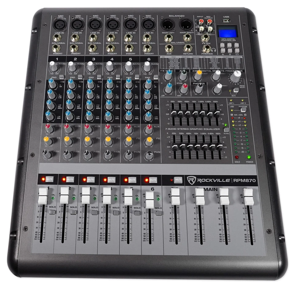 Rockville RPM870 8 Channel 6000w Powered Mixer w/USB, Effects, 8 XDR2 Mic Pres - Image 1 of 4