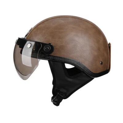 DOT Leather Helmet Motorcycle Half Open Face Helmet Scooter Helmet w/Sun Visor Foto 1 de 4
