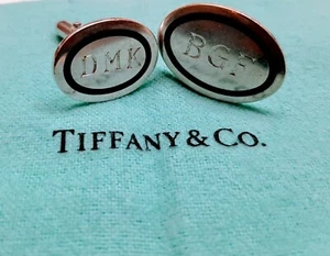 Tiffany & Co. SS Blue Enamel Oval Cuff Links Different Size With Initials   - Picture 1 of 8