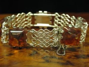 835 Argento Bracciale Con Ambra Ricoperto / Vero Argento/18,4g/20,1cm - Foto 1 di 3