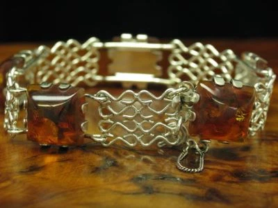 835 Argento Bracciale Con Ambra Ricoperto / Vero Argento/18,4g/20,1cm - Immagine 1 di 3