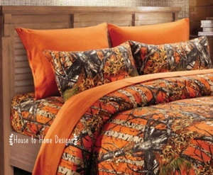 ORANGE CAMO 6pc Full size SHEET SET : HUNTER CAMOUFLAGE WOODS CABIN TREE HUNTING - Picture 1 of 2