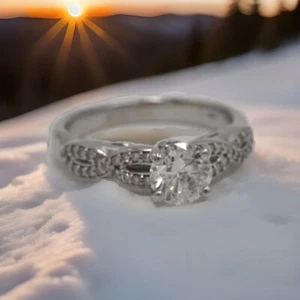 14k White Gold 1CT Round Diamond Solitaire Classic Braided Engagement Ring Sz 5 - Picture 1 of 8