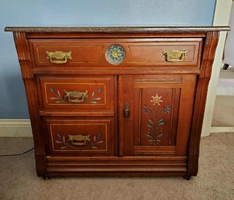 ANTIQUE PAINTED WASH STAND DRESSER CABINET W/STONE TOP UNIQUE DOVETAIL Cover