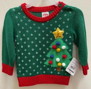 Urlaub Pullover grün Weihnachtsbaum rot Bommeln Baby Junge Mädchen UniSex 12 Monate Neu mit Etikett - Bild 1 von 4