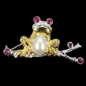 Broche de plata de ley 925 redondo rubí perla piedras preciosas naturales rana joyería - Imagen 1 de 14