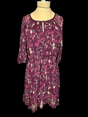 Charlotte Ronson Wine Floral Fit Flare 3/4 Sleeve Knee Silk Dress Details Size 4 - Image 1 of 3