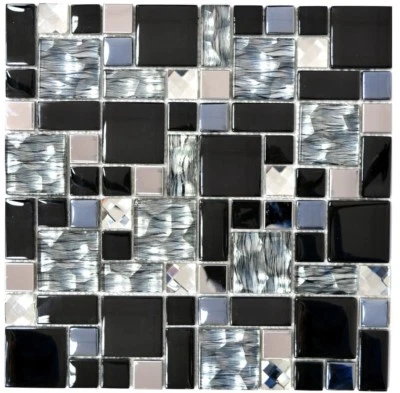 Mosaïque carreau combinaison inox verre cristal noir bain 88-03689_f |10 plaques - Photo 1/4