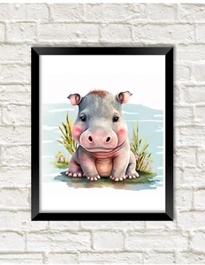 House Hippo for Your Home UNFRAMED Art Print. Hippopotamus Wall Decor Baby Gift - Picture 1 of 1