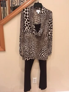 JOSEPH RIBKOFF Brown White Leopard Print Top 10 Brown Drape Pants 12 - Beautiful - Picture 1 of 9