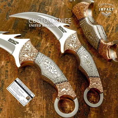 IMPACT CUTLERY RARE CUSTOM FULL TANG ART KARAMBIT KNIFE ENGRAVED COPPER BOLSTERS - Image 1 of 4