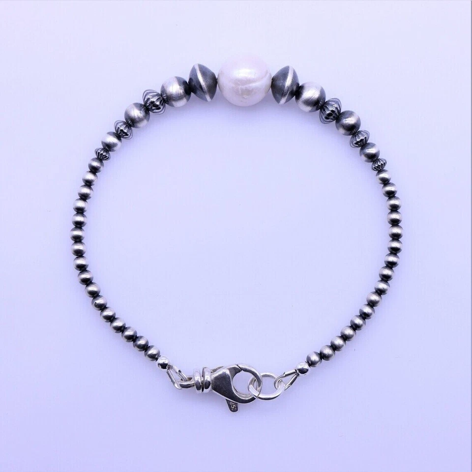 Brazalete Natural 10mm Perla Redonda y Plata de Ley Perla Navajo Desierto Cuentas Foto 1 de 4