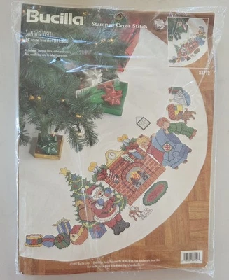 VTG Bucilla Christmas Tree Skirt Kit Stamped Cross Stitch Santas Visit 44" Skirt - Image 1 of 3