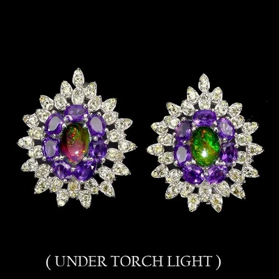 Orecchini in argento sterling 925 opale nero ovale 7x5 mm pietre preziose... - Immagine 1 di 4