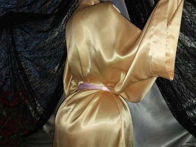 VTG SATIN SHINY BUTTER GOLD PLUS SLEEP SHIRT BUTTON OVERSIZED BABYDOLL NIGHTY 56 - Image 1 of 4