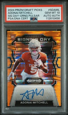 2024 Panini Prizm Draft Picks Signing Day Adonai Mitchell Orange Pulsar PSA 10 - Image 1 of 2