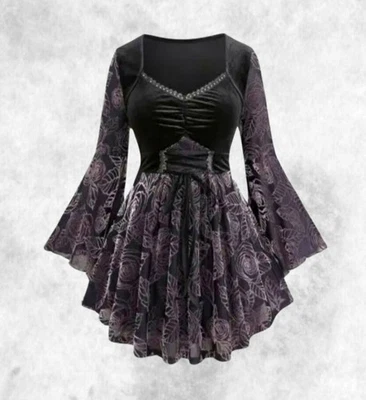 New Black & Pink Gothic Velvet Corset Flared Sleeve Blouse Top size 4XL 24 26 28 - Image 1 of 4