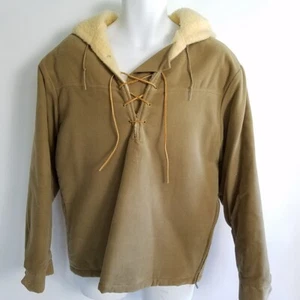 Vtg Sir Jac Mens Lace Up Pullover Hooded Jacket Tan Sherpa Fleece M - Picture 1 of 12
