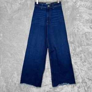 Zara Jeans Damen 2 dunkle Waschung hoher Bund weites Bein Knöchel roher Saum Stretch - Bild 1 von 8