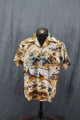 Camisa Hawaiana Vitnage - Marrón y Gris Patrón Isla Kole Kole - Grande Para Hombre Foto 1 de 4