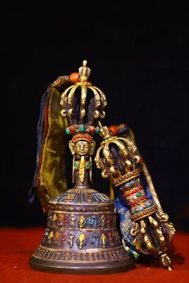 коллекционный тибетский бронзовый цветной рисунок религиозные обряды колокол Дхармы и ваджра - Изображение 1 из 4