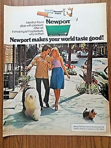 1972 Newport Cigarette Ad Couple Walking Dogs Old English Sheep Pekingese Dogs