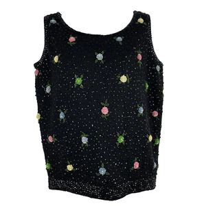 Vintage 50s Cyn Les Black Wool Angora Beaded Sequin Rosette Sweater Vest Size M - Bild 1 von 8