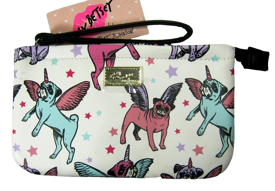 Luv Betsey Johnson Unicorn Pug Stars Double Pouch Wristlet White LBZHEN8