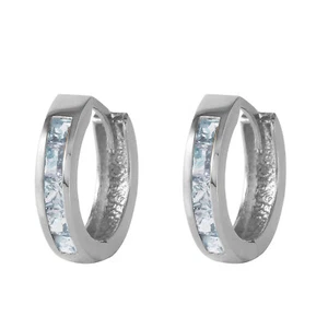 14K. SOLID GOLD HOOP HUGGIE EARRING WITH AQUAMARINES (White Gold) - Picture 1 of 8