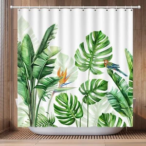 Tropical Plants Shower Curtain, Green Monstera Leaf Shower Curtain with Bird,... - Picture 1 of 7