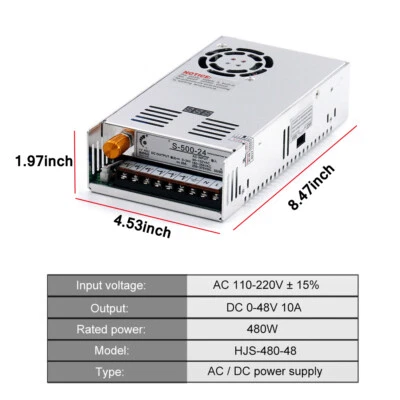 Adaptador de fuente de alimentación conmutadora AC 110/220V a CC 0-48V 10A 480W para tira de luz LED Foto 1 de 4
