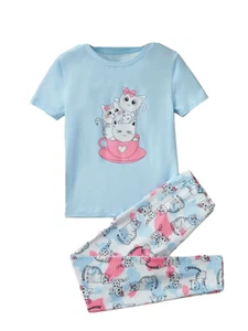 New Girls Pants Set Size 5 Blue Short Sleeve Cats Kittens Outfit - Picture 1 of 4