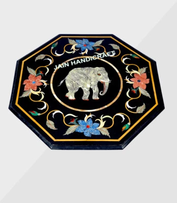 15" black marble side center elephant table top inlay pietra dura home decor - Image 1 of 4