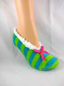 Striped Slippers Blue Green Rubber Grips Soft Plush Ladies Small Medium 5 To 8 - Picture 1 of 7