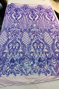 LAVENDER IRIDESCENT DAMASK SEQUINS DESIGN ON A 4 WAY STRETCH MESH-BY YARD. - Picture 1 of 8