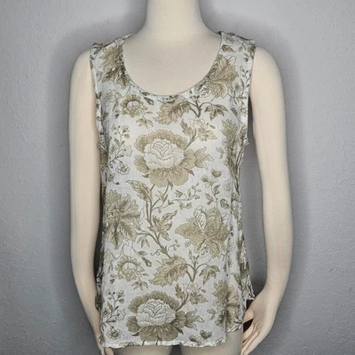 Flax 100 % Linen Tank Top Beige Floral Print Sleeveless Blouse Cottagecore Small - Image 1 of 4