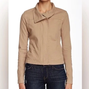Standard James Perse Skinny Moto Jacket Large Tan Fold Over Collar Chic Staple - Picture 1 of 17