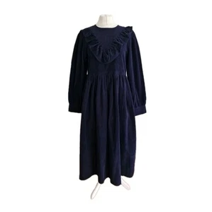 Rae Feather Womens Navy Corduroy Ruffled Front Prairie Dress. Size Large/UK 14. - Picture 1 of 14