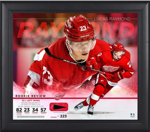 Lucas Raymond Red Wings FRMD 15x17 Rookie Review Collage w/Piece GU Puck-LE 223 Cover