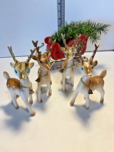 Vintage Plastic Reindeer (Swivel Heads) With Bells (#4)& Wooden Christmas Sleigh - Picture 1 of 6