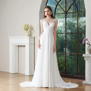 Vestido de novia boho de chifón de encaje para mujer sin mangas línea A cuello en V vestido de playa - Imagen 1 de 10