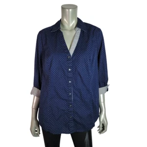 Lane Bryant Shirt Plus Size 18 Button Up Polka Dot Flip Cuff Casual Stretch Blue - Picture 1 of 6