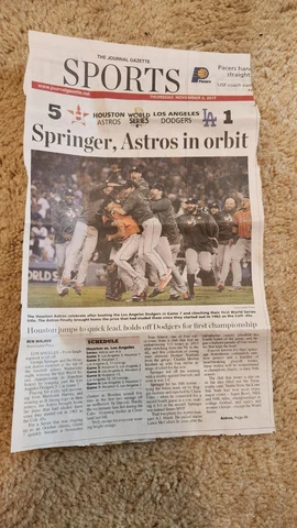 2017 Houston Astros World Series Champions Newspaper Clipping, Journal Gazette Cover