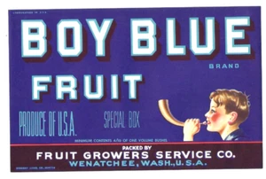 Original BOY BLUE half box apple crate label Wenatchee WA boy blowing horn - Picture 1 of 1