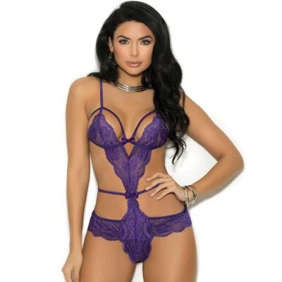 Peluche de encaje púrpura con tiras cuello en V lazos de satén lados abiertos tanga espalda 7211 grande Foto 1 de 4