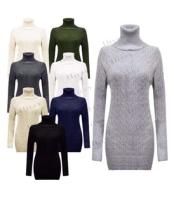 Damen Strickpullover Minikleid hochgeschlossen Zopfmuster Wasserfallausschnitt Oberteil Body Midikleid - Bild 1 von 1